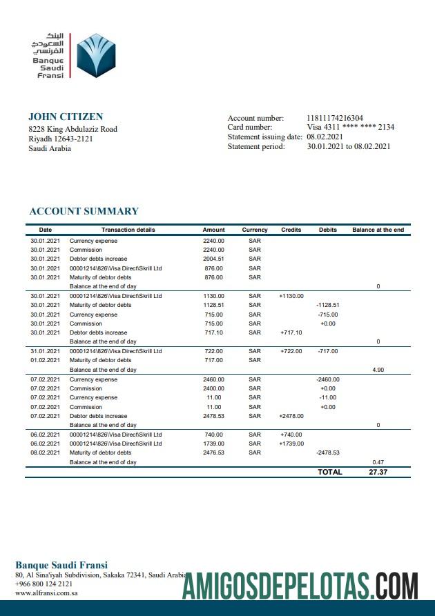 Modelo de extrato bancário em branco da Arábia Saudita Banque Saudi Fransi em formato Word e PDF, bom para comprovar endereço
